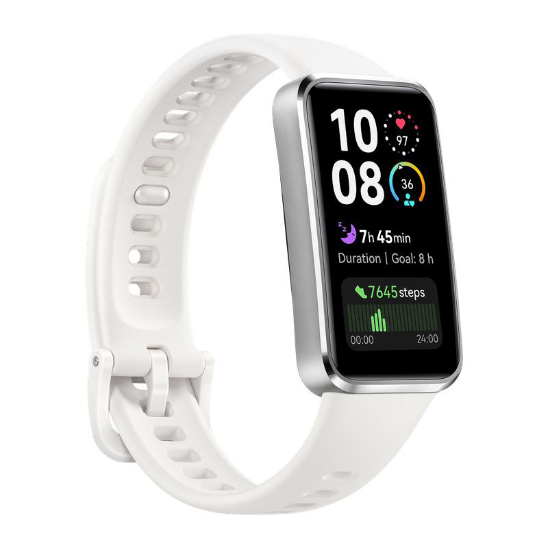 Weiße Smartwatch mit Anzeige von Zeit, Schritten und Dauer. Der Bildschirm zeigt 10:08, 7645 Schritte und 7h 45min Dauer. Das Band ist weiß.