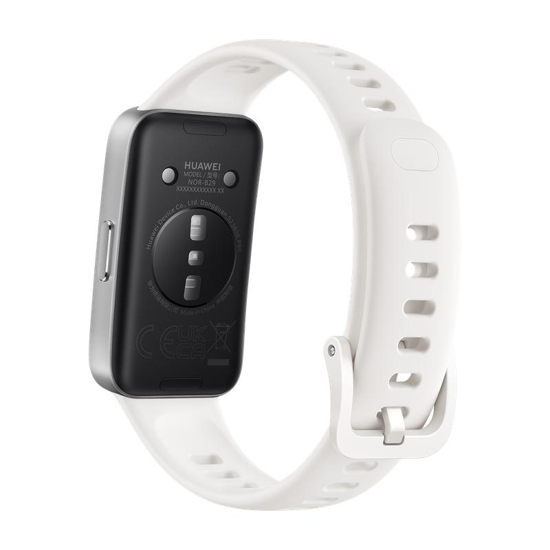 Eine schwarze Huawei-Smartwatch mit weißem Armband wird auf weißem Hintergrund angezeigt. Das Zifferblatt zeigt Modellinformationen an.