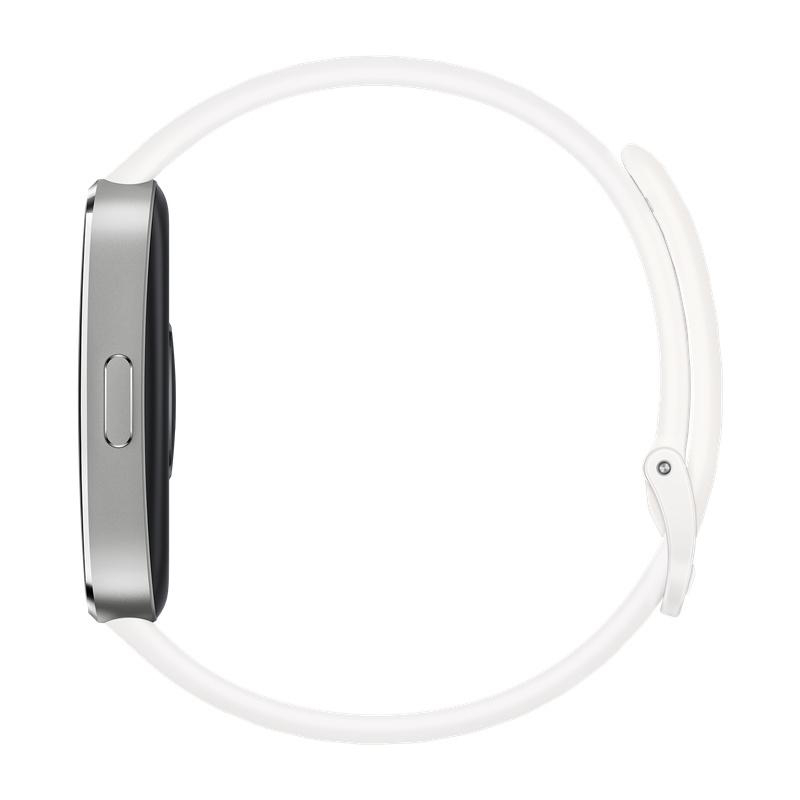 Eine weiße Smartwatch mit silbernem Rahmen und weißem Armband, seitlich betrachtet. Ein Knopf ist an der Seite des Geräts sichtbar.