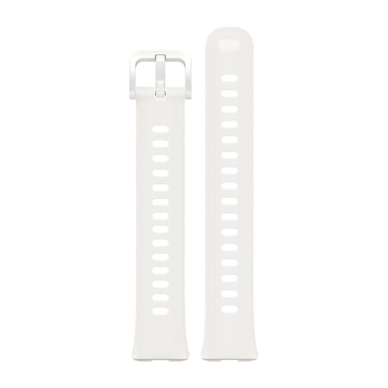 Weißes Uhrenarmband mit Schnalle und passendem Band. Beide Bänder haben Löcher zur Anpassung. Der Hintergrund ist weiß.