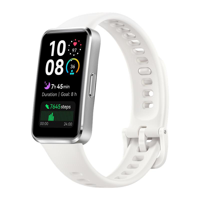 Eine weiße Smartwatch zeigt Zeit, Schritte und Dauer an. Der Bildschirm zeigt '10:08', '7645 Schritte' und '7h 45min'. Das Armband ist weiß.