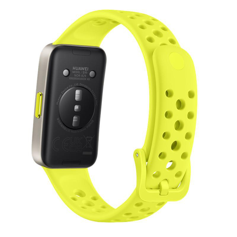 Eine gelbe Huawei-Smartwatch mit passendem Armband. Das Zifferblatt ist schwarz mit weißem Text, das Armband hat Löcher.