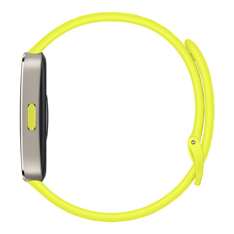 Eine Smartwatch mit silbernem Gehäuse und einem leuchtend gelben Armband. Die Uhr wird von der Seite gesehen.