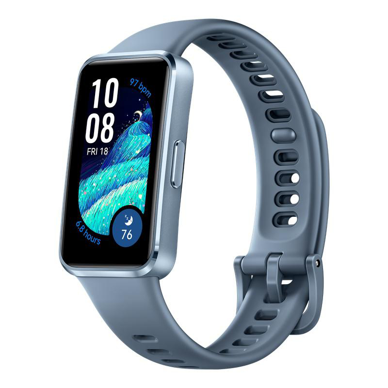 Eine blaue Smartwatch zeigt Zeit, Datum und Gesundheitsdaten wie Herzfrequenz und Schlafdaten auf dem Bildschirm an. Das Armband ist ebenfalls blau.