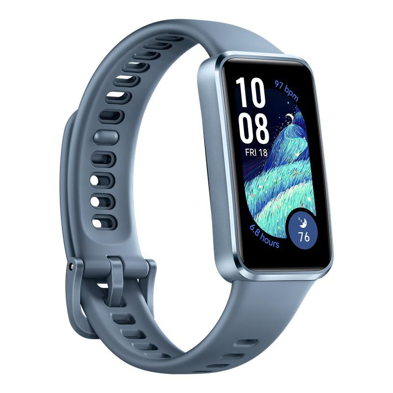 Eine blaue Smartwatch zeigt Zeit, Datum und Gesundheitsdaten an. Sie zeigt Herzfrequenz, Schlafdaten und die Uhrzeit 10:08.