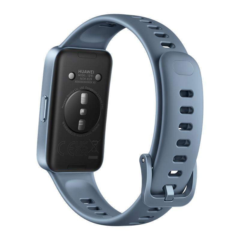 Ein blaues Huawei Smartband. Der Bildschirm zeigt Modellinformationen. Das Armband besteht aus flexiblem Material und hat mehrere Löcher.