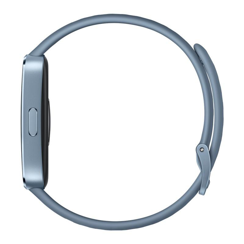 Seitenansicht einer blauen Smartwatch. Das Zifferblatt ist rechteckig mit einer Taste an der Seite. Das Armband ist ebenfalls blau.