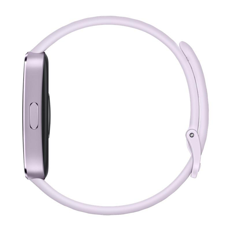 Seitenansicht einer lilafarbenen Smartwatch mit gebogenem Armband. Das Zifferblatt ist rechteckig mit einem Knopf.