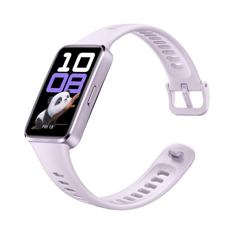 Eine hellviolette Smartwatch zeigt die Uhrzeit und einen Panda. Das Armband ist abgenommen. Weißer Hintergrund.