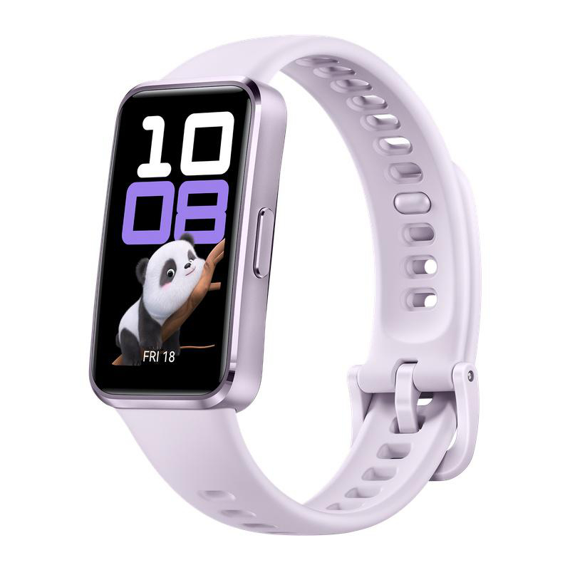 Eine lavendelfarbene Smartwatch mit einem Pandabären auf dem Bildschirm, der die Uhrzeit und das Datum anzeigt. Das Armband ist ebenfalls lavendelfarben.
