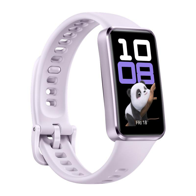 Eine hellviolette Smartwatch mit einem Panda auf dem Bildschirm. Sie zeigt die Uhrzeit und das Datum an. Das Armband ist ebenfalls hellviolett. Der Hintergrund ist weiß.