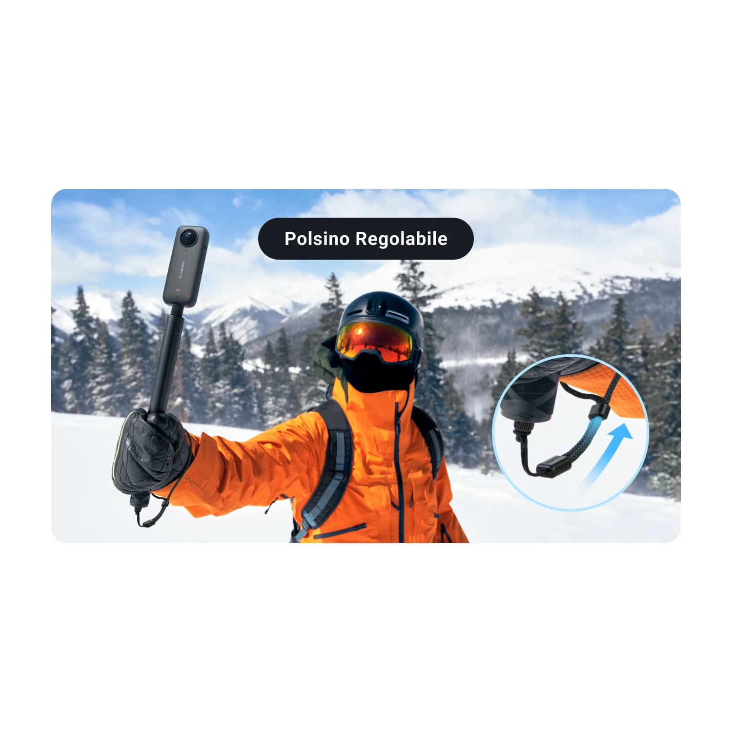 Persona che tiene un bastone per selfie con una fotocamera. Montagne innevate sullo sfondo.