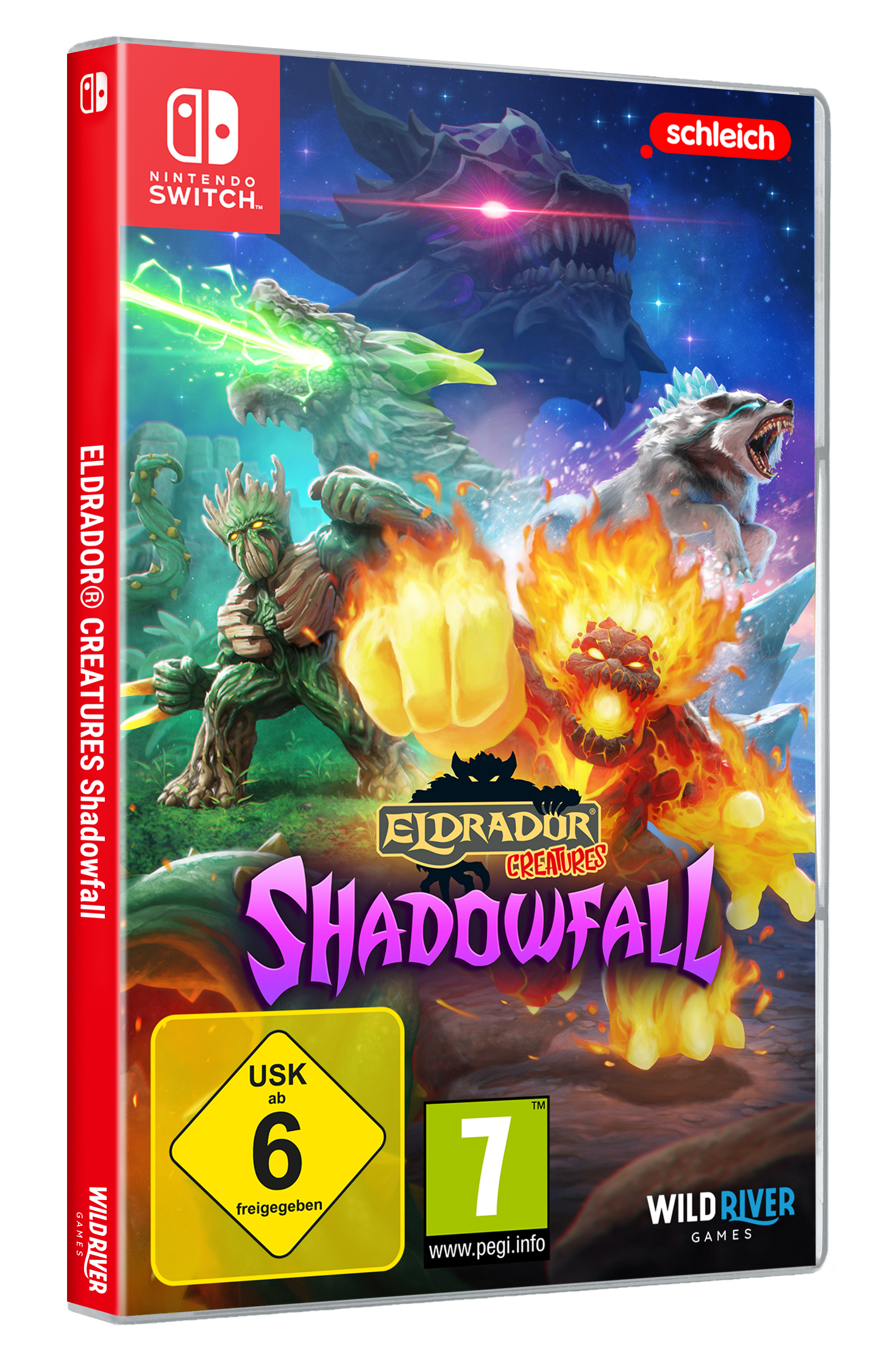 Nintendo Switch-Spielhülle mit Artwork, das fantastische Kreaturen und Text zeigt.
