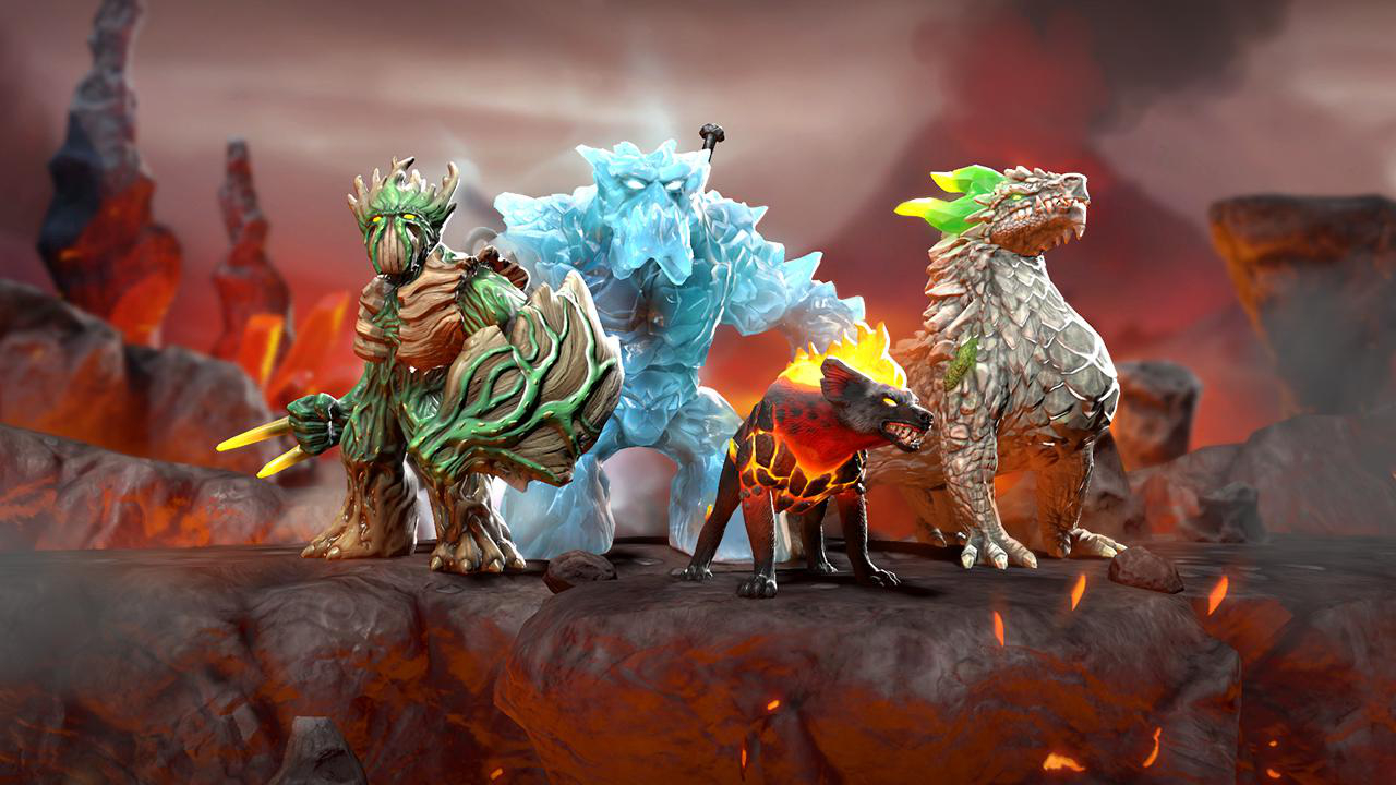 Vier Fantasy-Figuren auf felsiger Oberfläche. Sie haben unterschiedliche Erscheinungen wie Drache, Eiswesen und Baum.