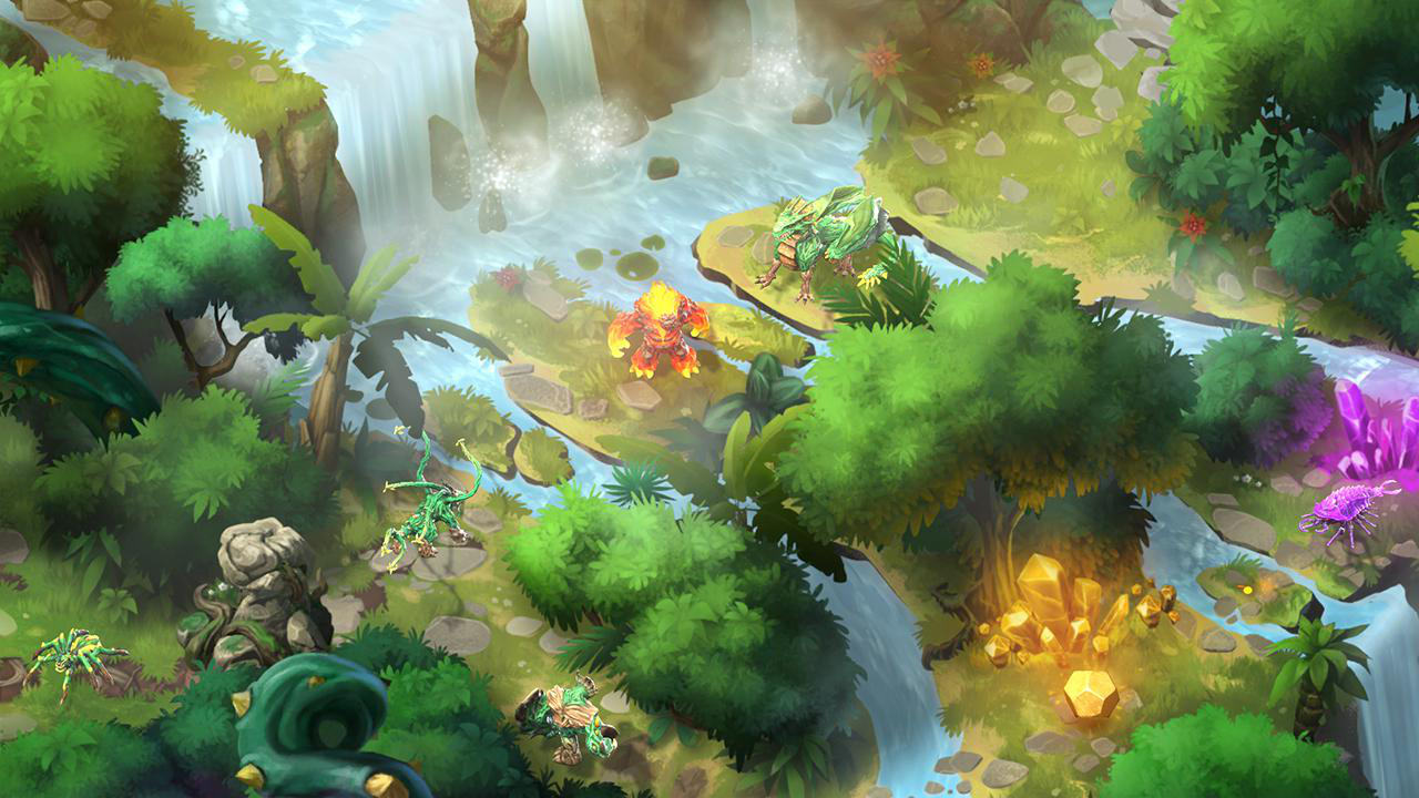 Detaillierte Landschaft mit Wasserfall. Grüne Monster und Dschungel im Vordergrund. Kristalle im Hintergrund.