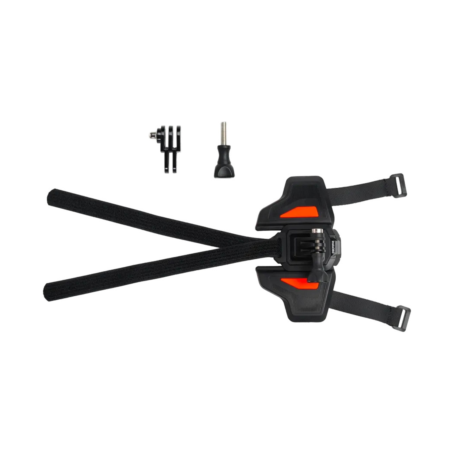 Un supporto per petto e braccio nero e arancione per una fotocamera, con cinghie e hardware di montaggio.