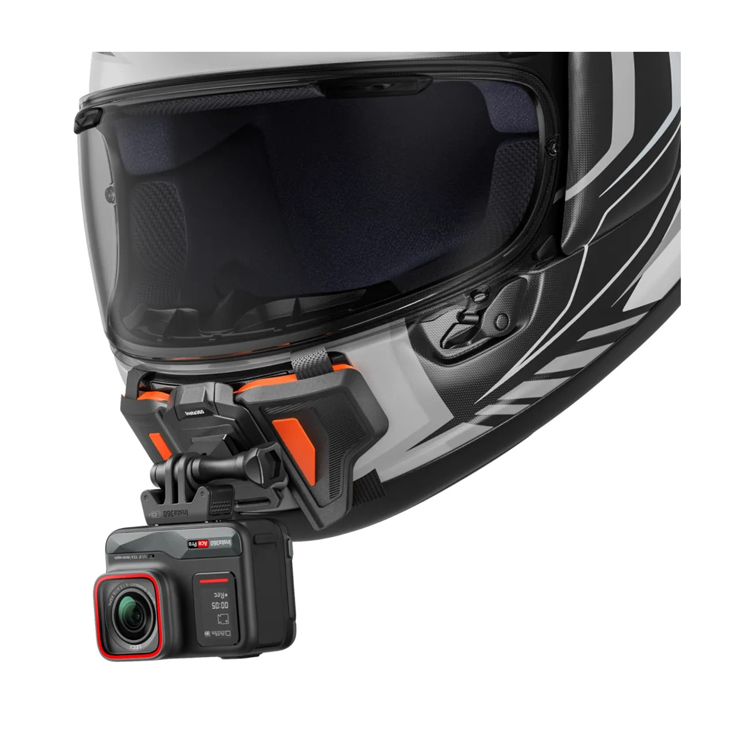 Casco da moto con una fotocamera attaccata al lato.