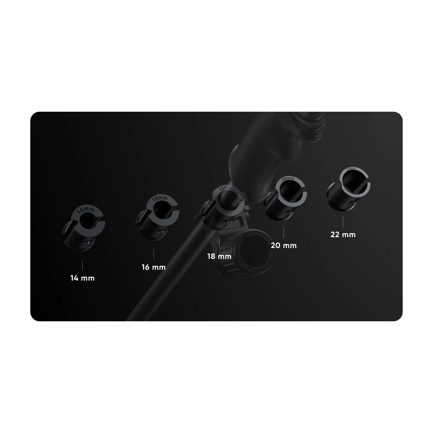Parti di utensili in metallo nero con varie dimensioni etichettate. 14 mm, 16 mm, 18 mm, 20 mm, 22 mm.