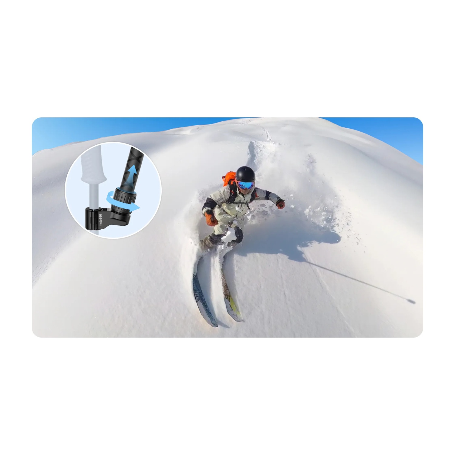 Persona che scia giù per un pendio innevato, con il supporto della fotocamera nell'inserto.
