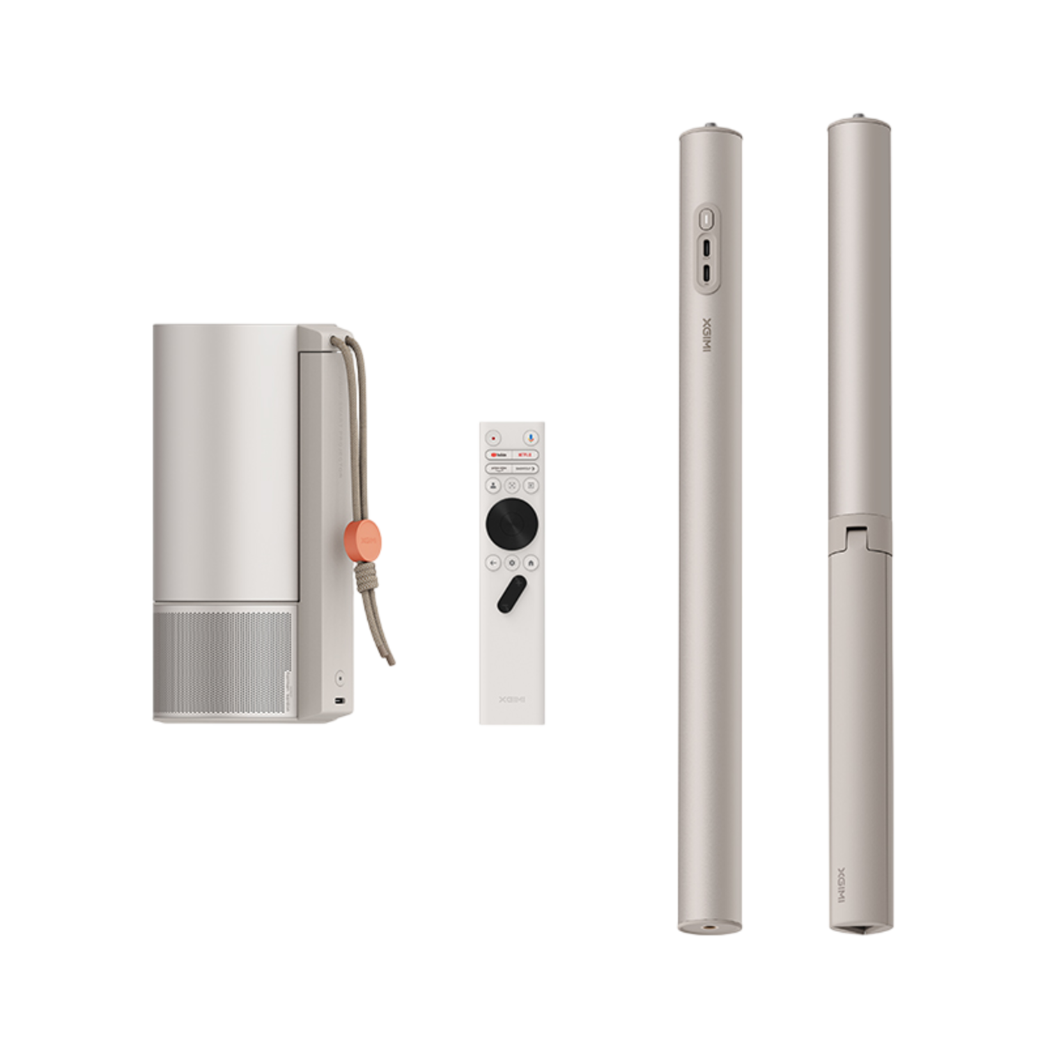 Projecteur blanc, télécommande et deux perches blanches extensibles.