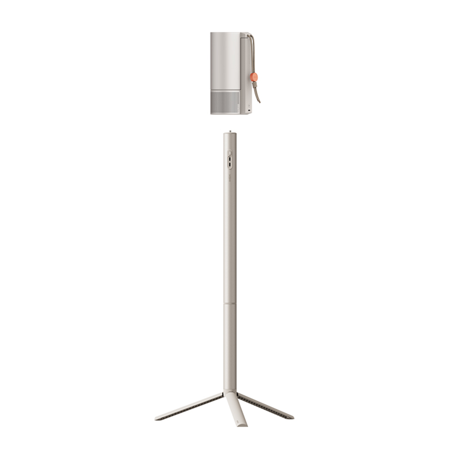 Trépied et stabilisateur de caméra, blanc, avec détails gris et orange, fond blanc.