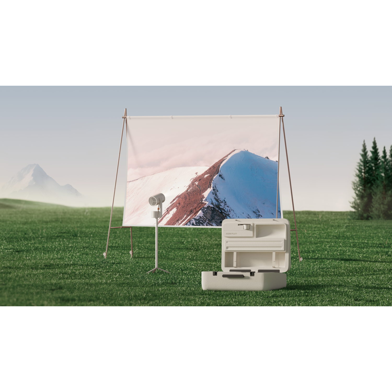 Installation artistique dans un champ herbeux, avec une toile montrant une montagne.