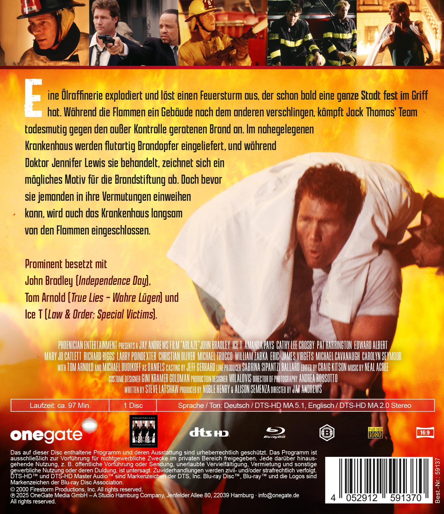 DVD-Cover eines Films mit brennendem Gebäude, Personen und Text auf Deutsch. Der Film heißt 'Blaze'.