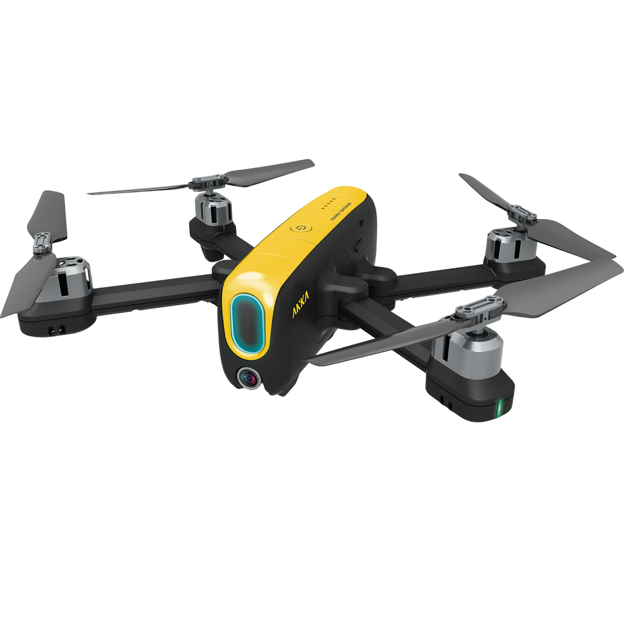 Dört pervaneli, ön kamerası ve üzerinde 'akka' yazan sarı ve siyah bir drone.