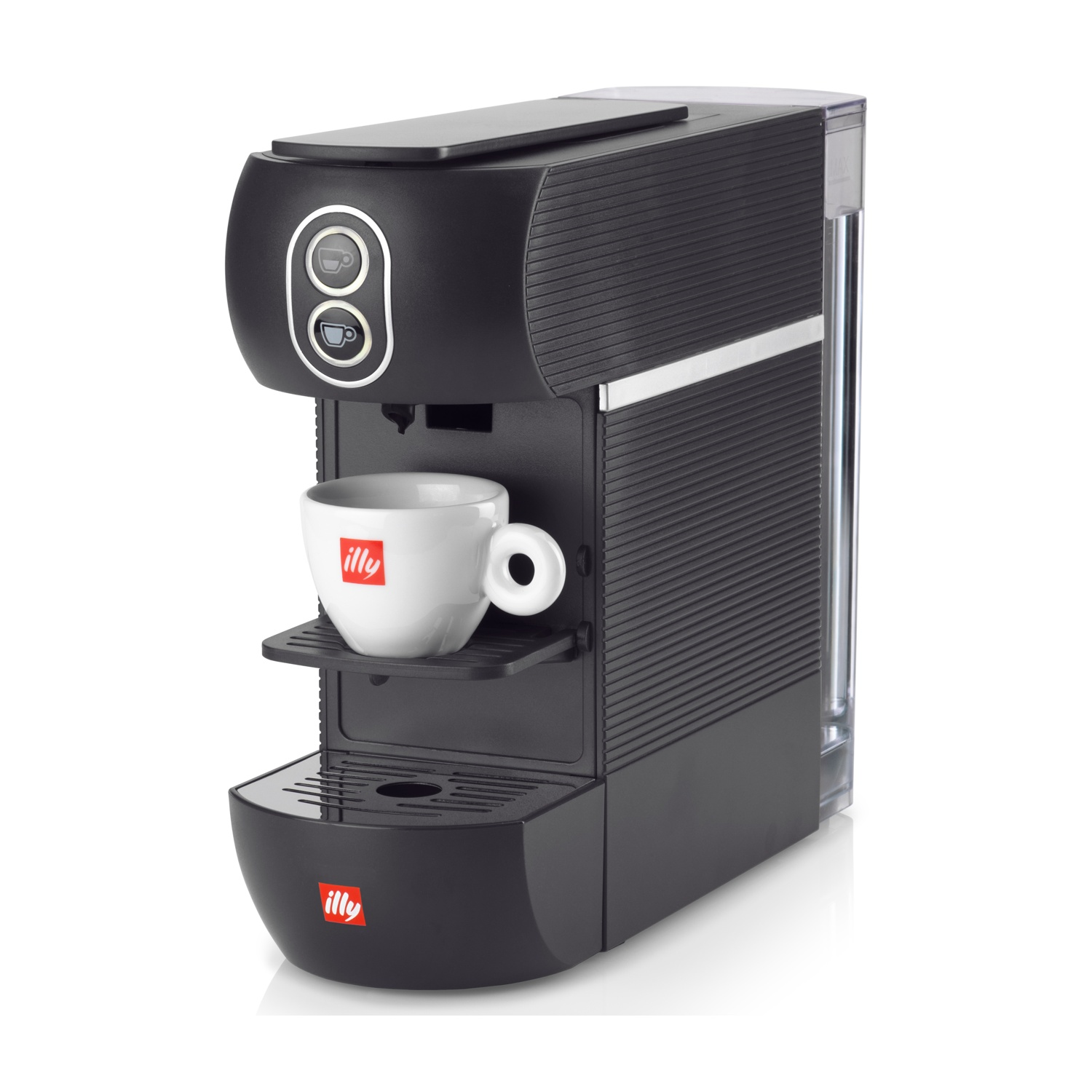 Macchina da caffè Illy nera con tazza bianca e logo Illy.