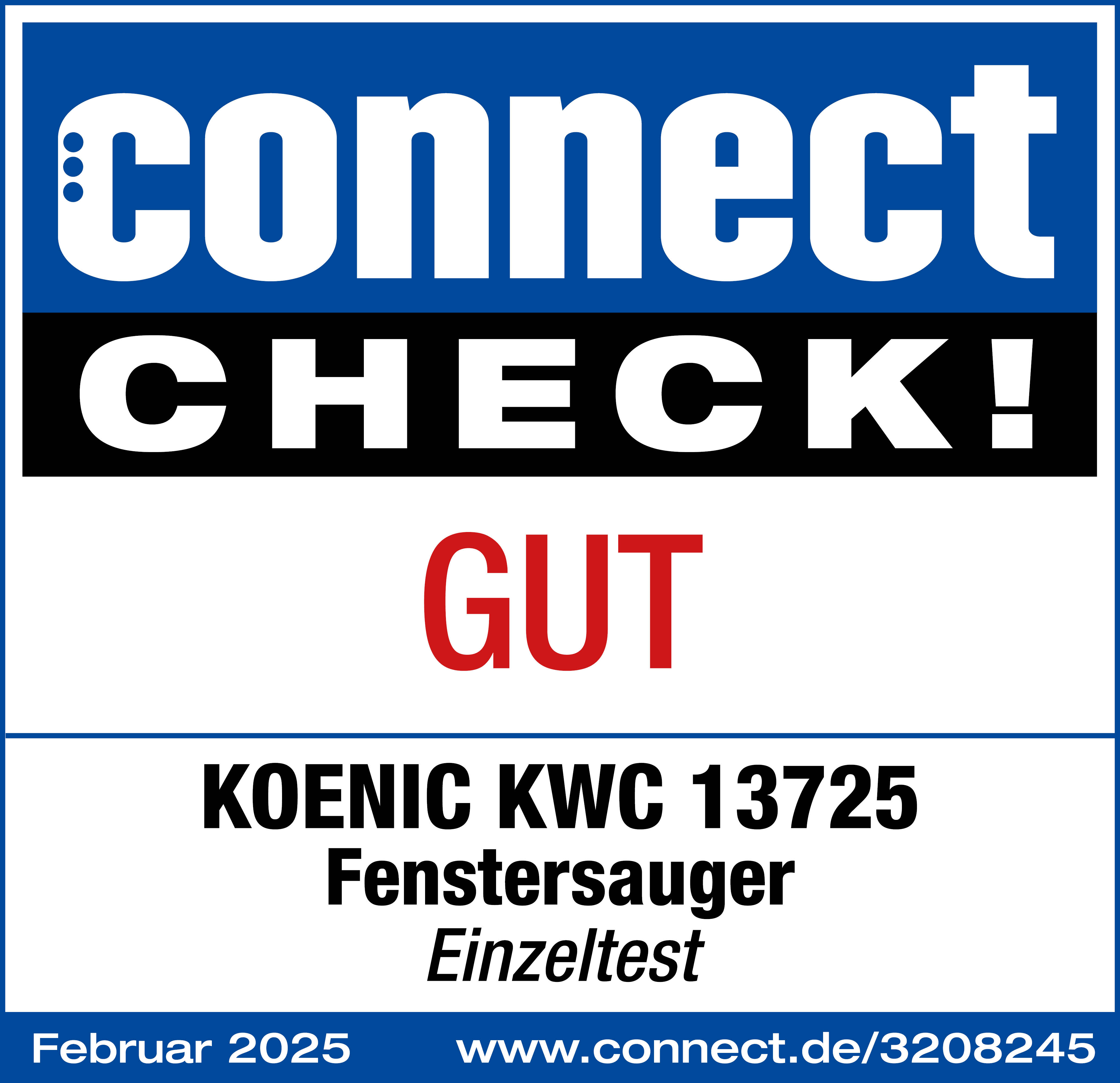 Connect Check Bewertung, Gut, auf blauem Hintergrund. Koenic Fensterreiniger.