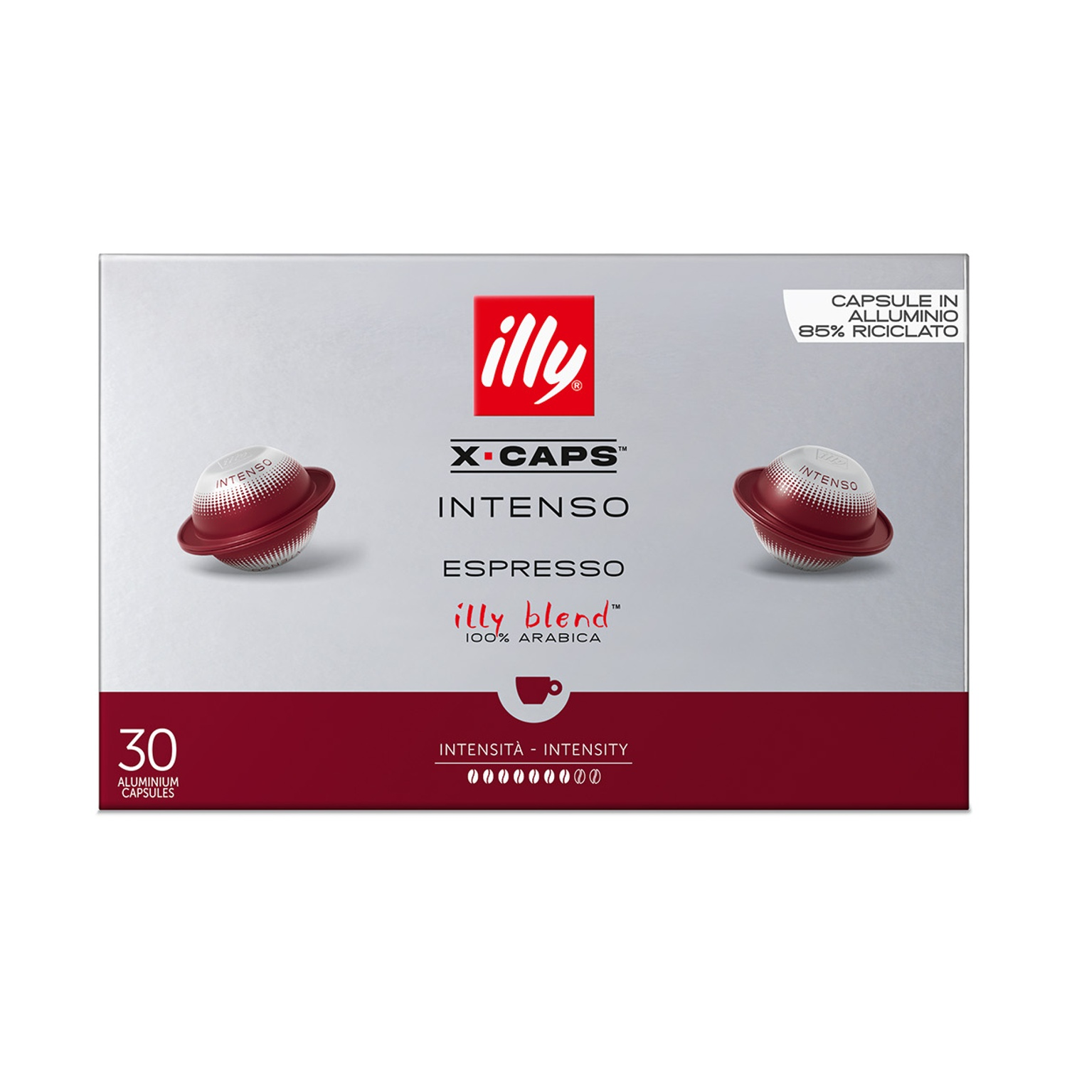 Scatola di capsule di caffè Illy, capsule rosse e scatola bianca.