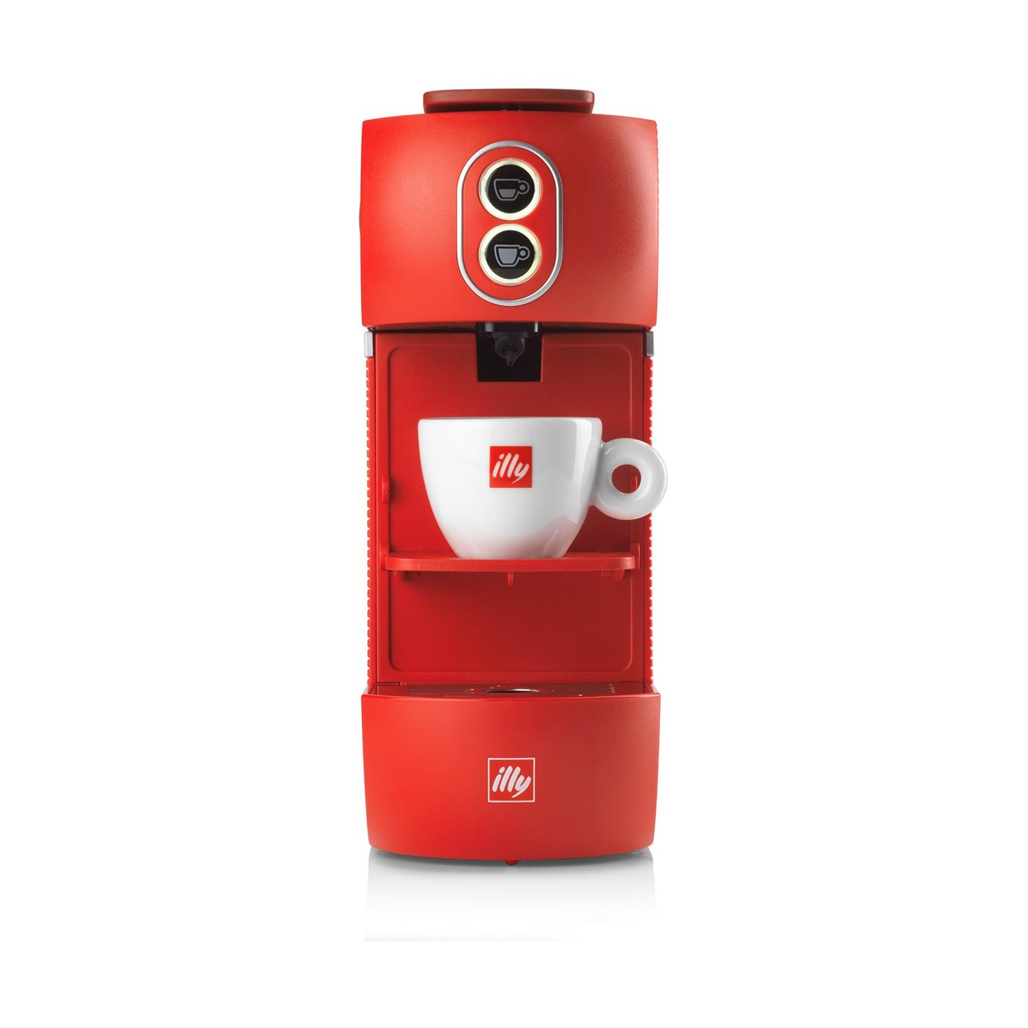 Macchina per espresso Illy rossa con tazza bianca. Due pulsanti in alto.