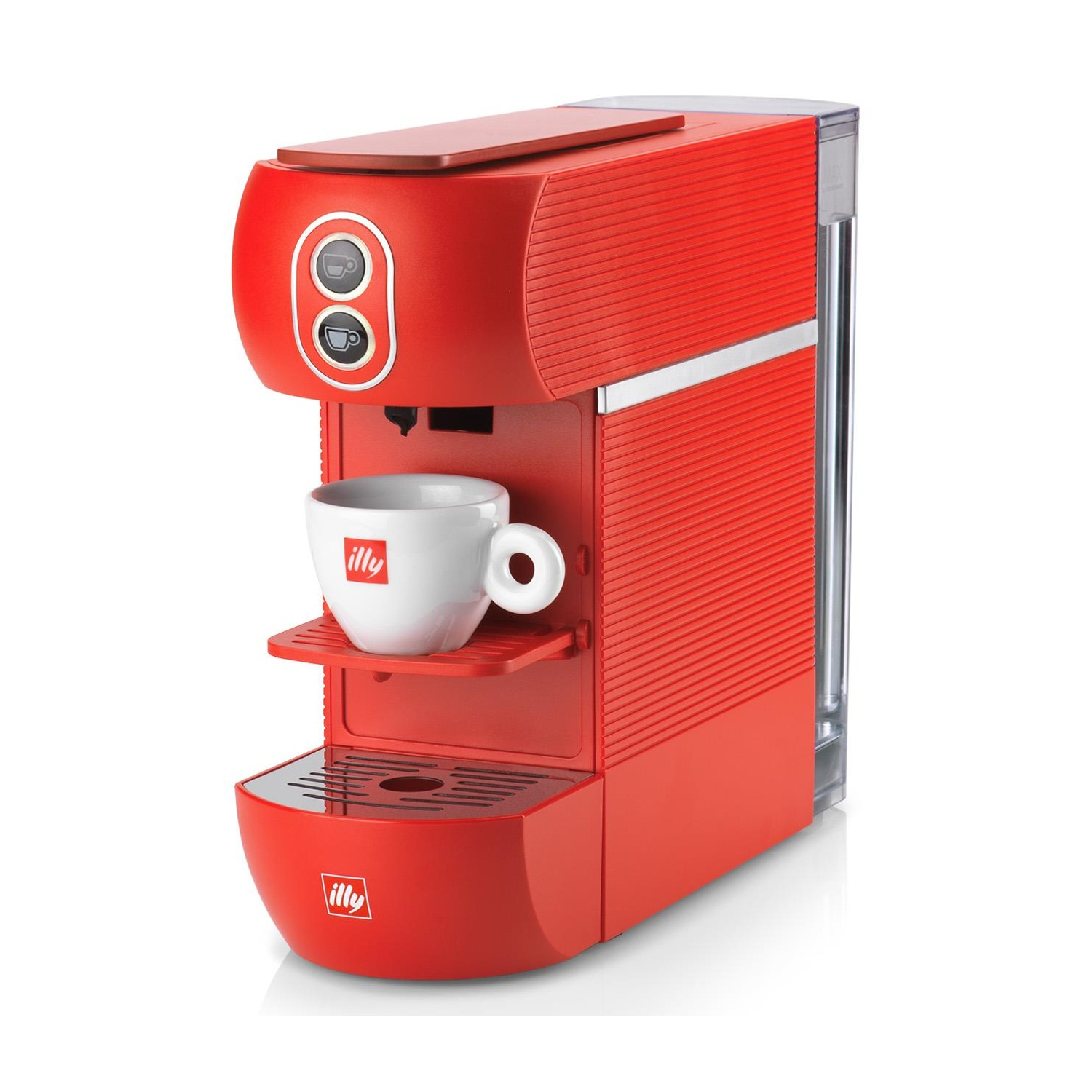 Macchina da caffè Illy rossa con una tazza su un ripiano. La macchina ha bordi arrotondati.