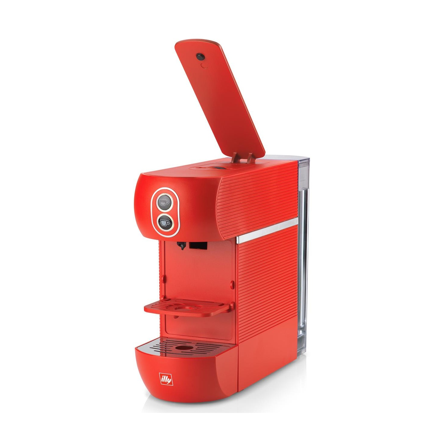 Macchina da caffè Illy rossa con parte superiore aperta e icona tazza sulla parte anteriore.