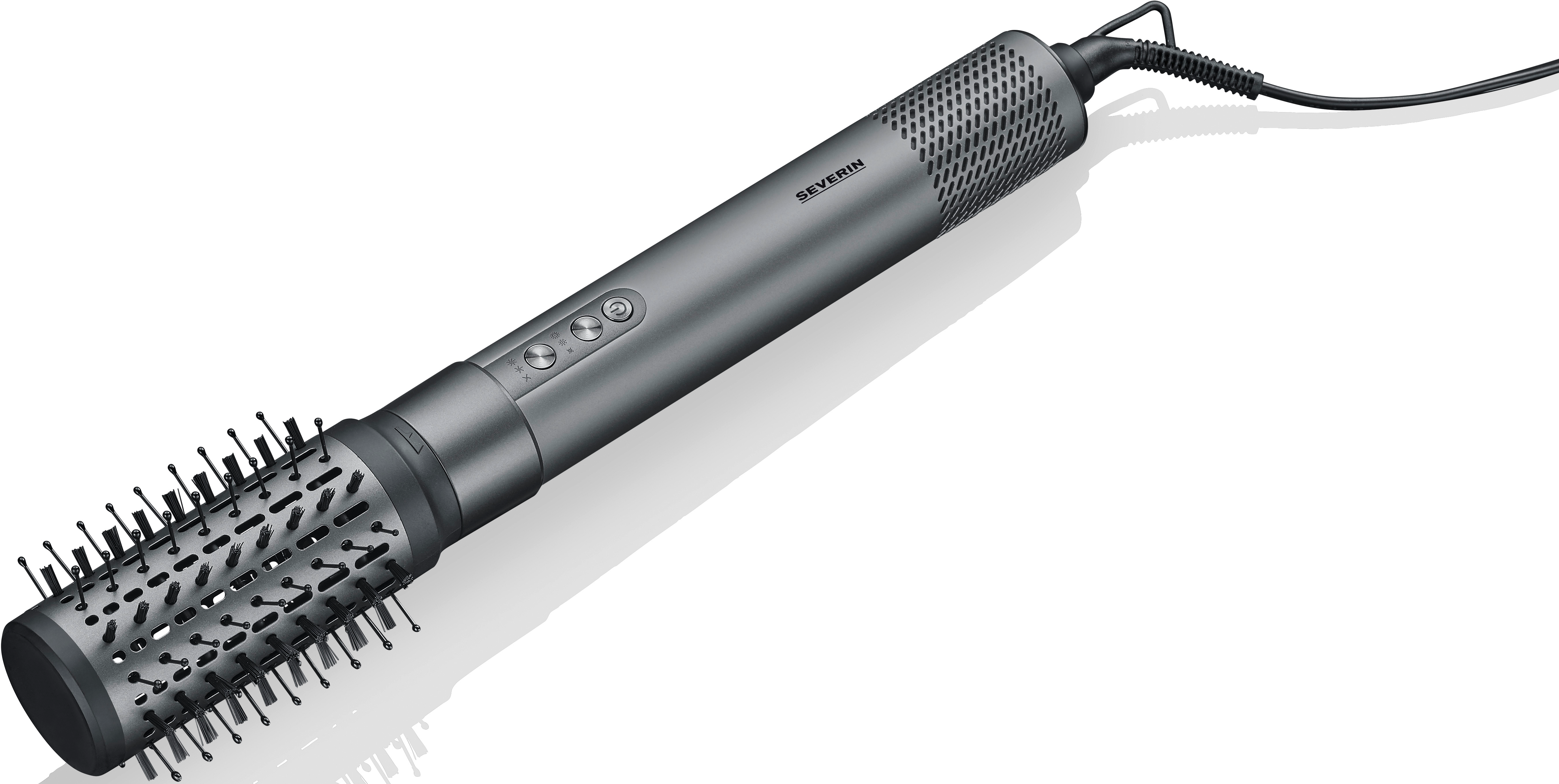 Graue Haarstyling-Bürste mit Knöpfen und Kabel, auf weißem Hintergrund.