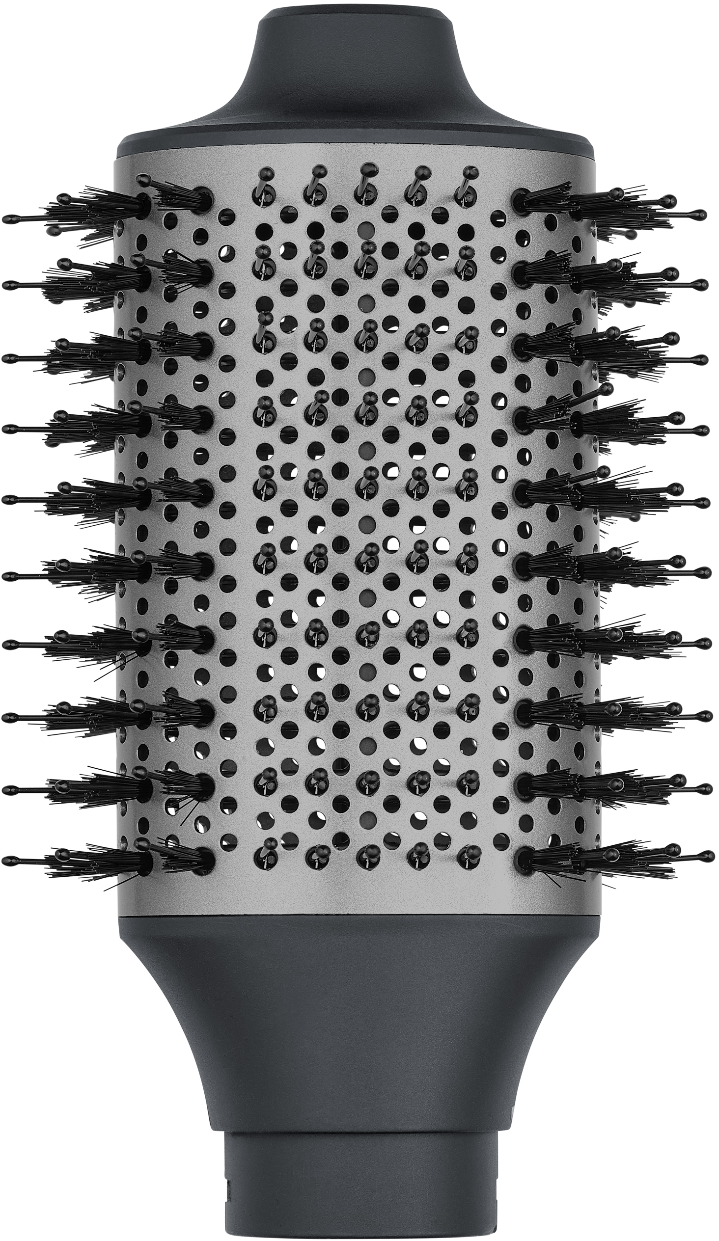 Ein Föhnbürstenkopf mit schwarzen Borsten. Perforierte Metalloberfläche mit schwarzem Sockel.