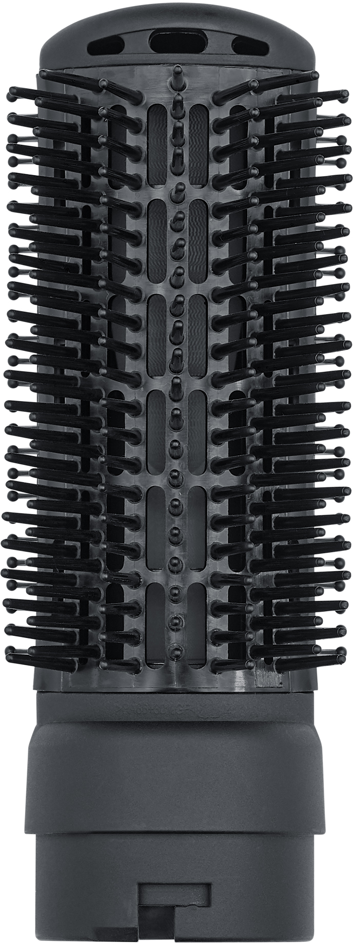 Schwarze Haartrocknerbürste, zylindrische Form, mit Borsten. Draufsicht, schwarzer Hintergrund.