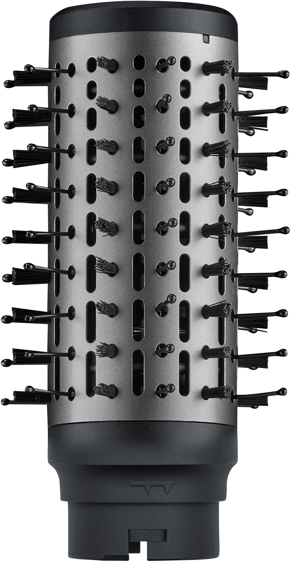 Eine graue Haarstylingbürste mit schwarzen Borsten, zylindrischer Form und dunkler Basis.