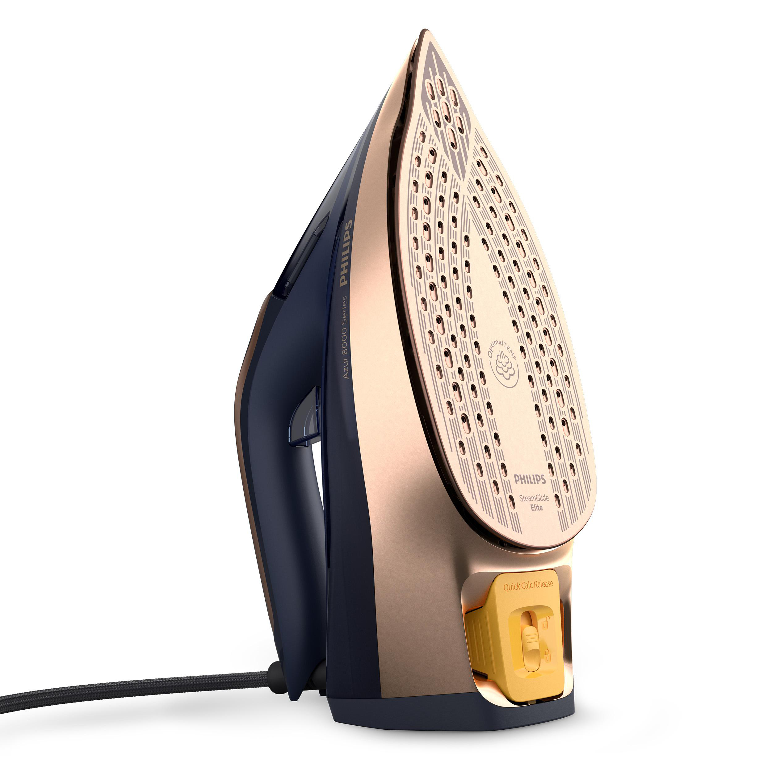 Goldenes und marineblaues Bügeleisen. Marke Philips. Schwarzes Kabel. Weißer Hintergrund.