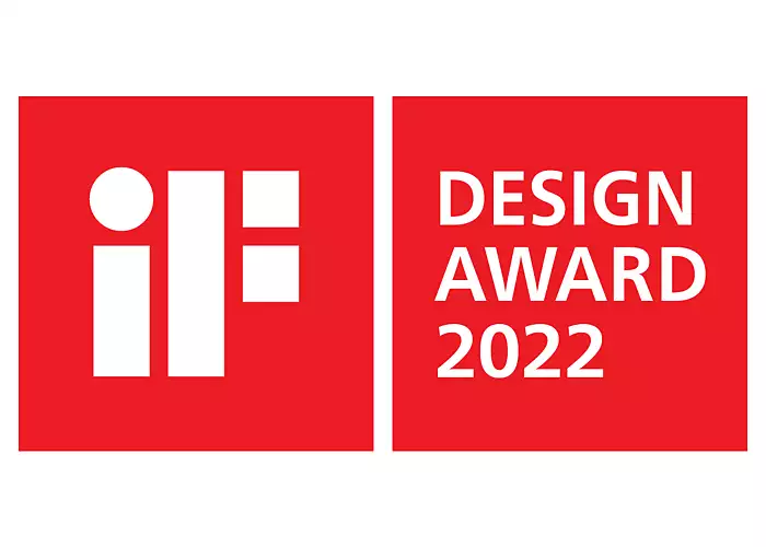 Rotes Quadrat mit weißem 'iF'-Logo und Text 'DESIGN AWARD 2022'.