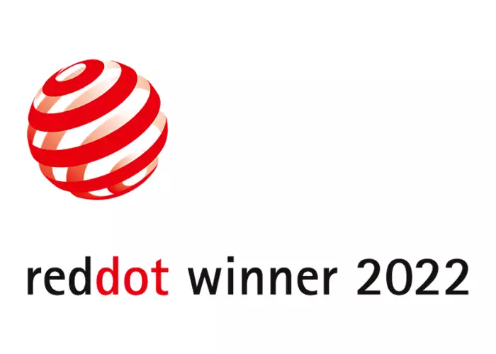 Logo „red dot winner 2022“. Ein rot-weißer Ball mit dem Text „red dot winner 2022“ darunter.