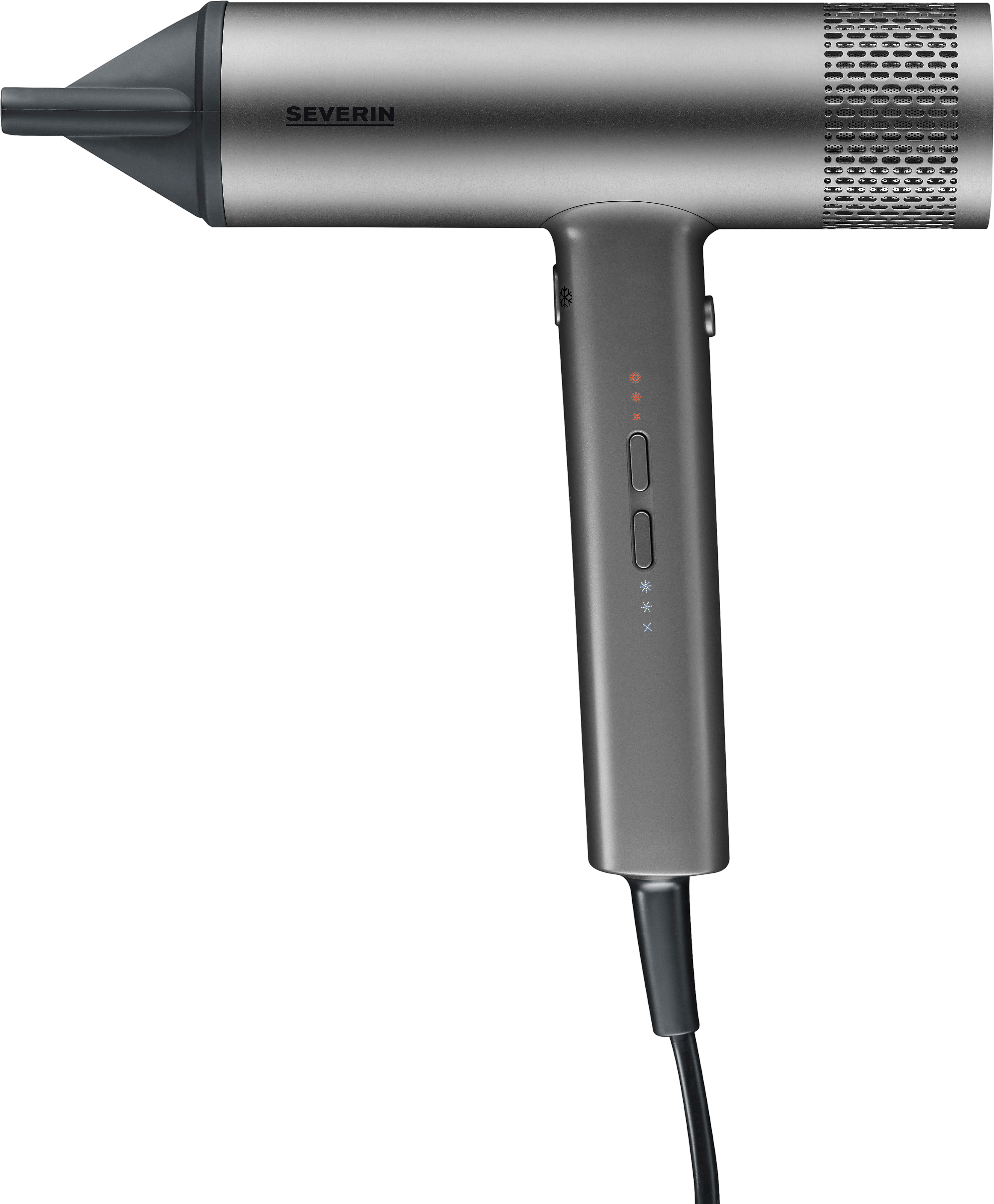 Ein silberner Haartrockner auf schwarzem Hintergrund. Der Trockner hat Knöpfe und eine Düse am Ende.