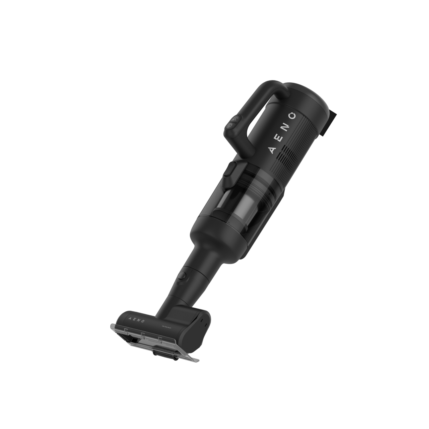 A black vacuum cleaner angled upward, on a white background.