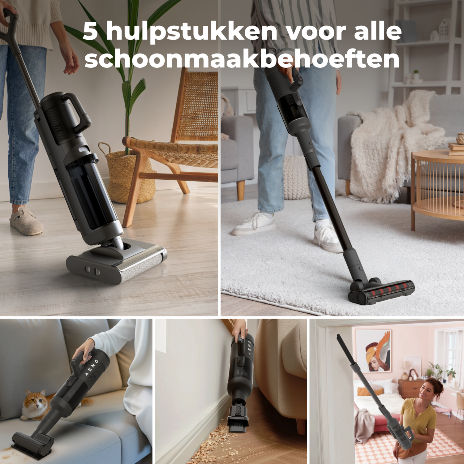 Multiple images showing a black cordless vacuum cleaner being used in various cleaning scenarios.