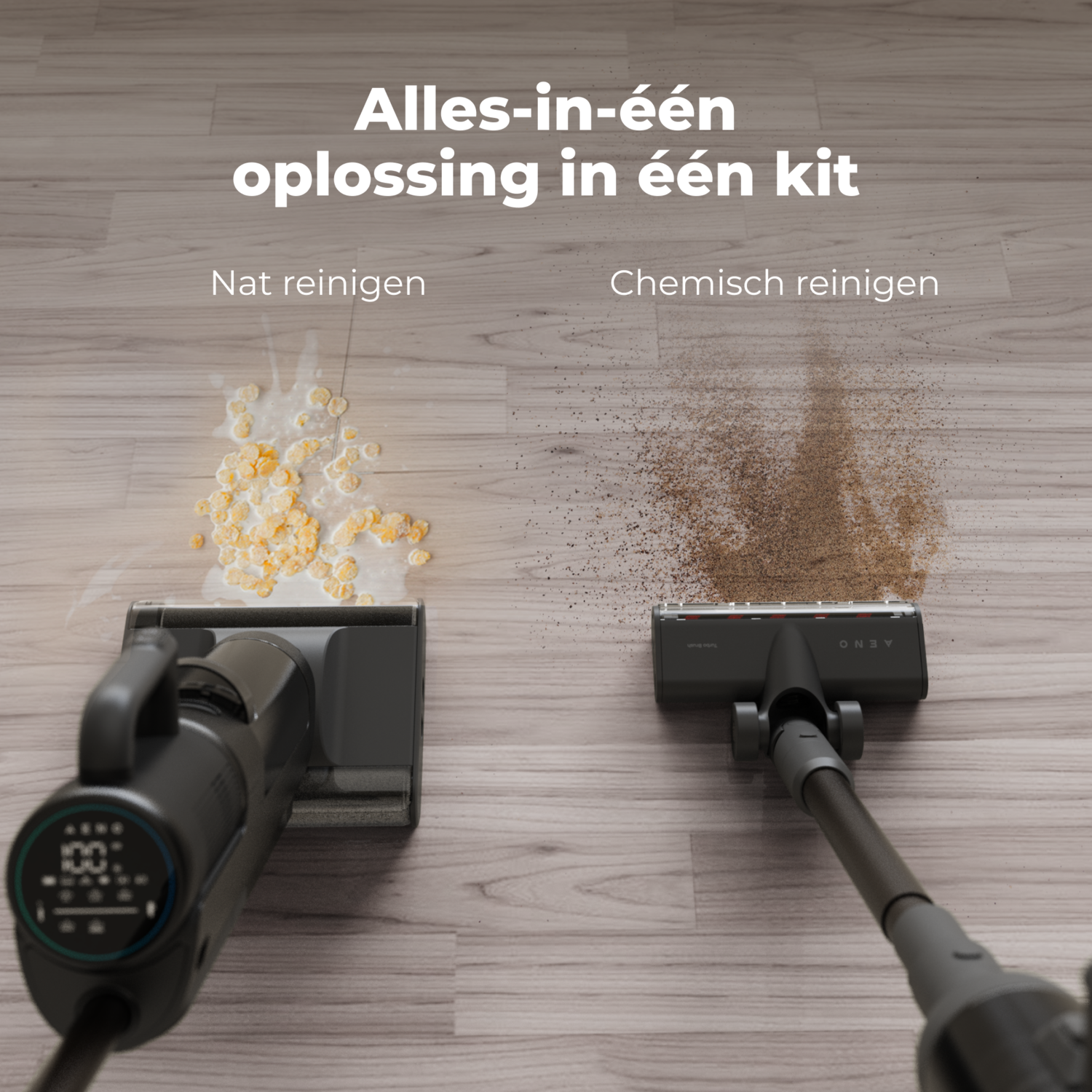 Two vacuums cleaning a wood floor, one for wet, the other for chemical cleaning.