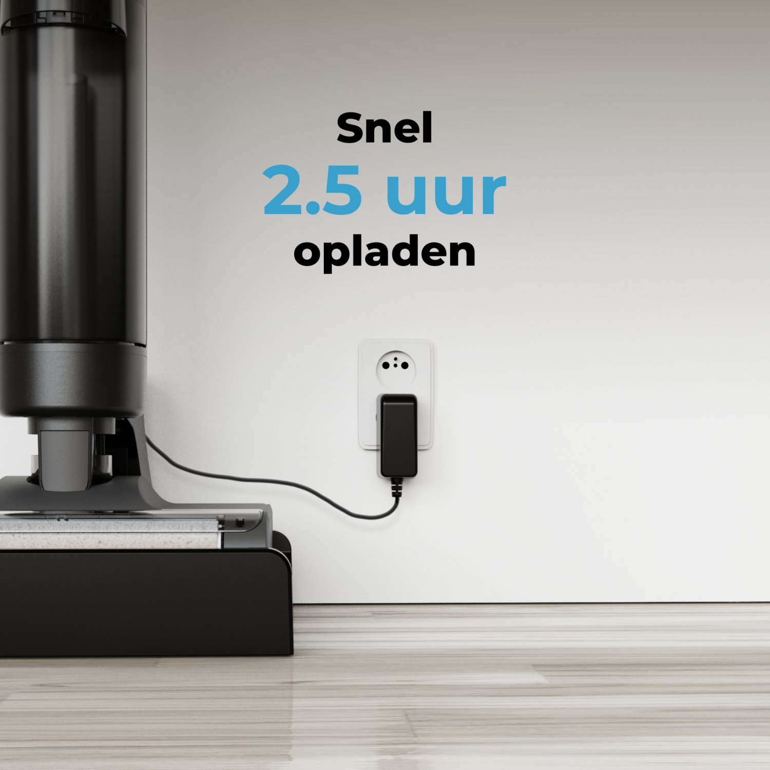 Vacuum cleaner charging, text says '2.5 hour charging'.