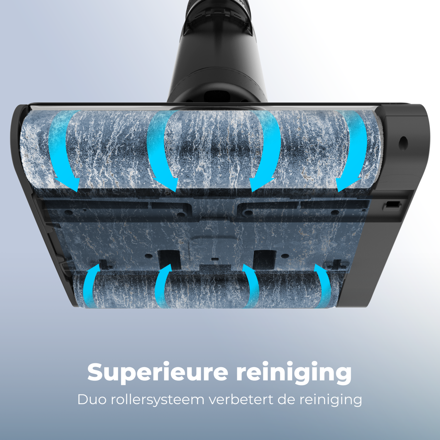 Vacuum cleaner head with blue arrows indicating airflow. The text 'Superieure reiniging' is present.