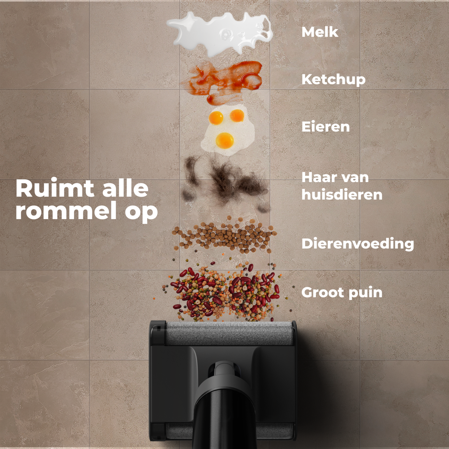Floor cleaning with various spills: milk, ketchup, eggs, hair, pet food, and large debris.