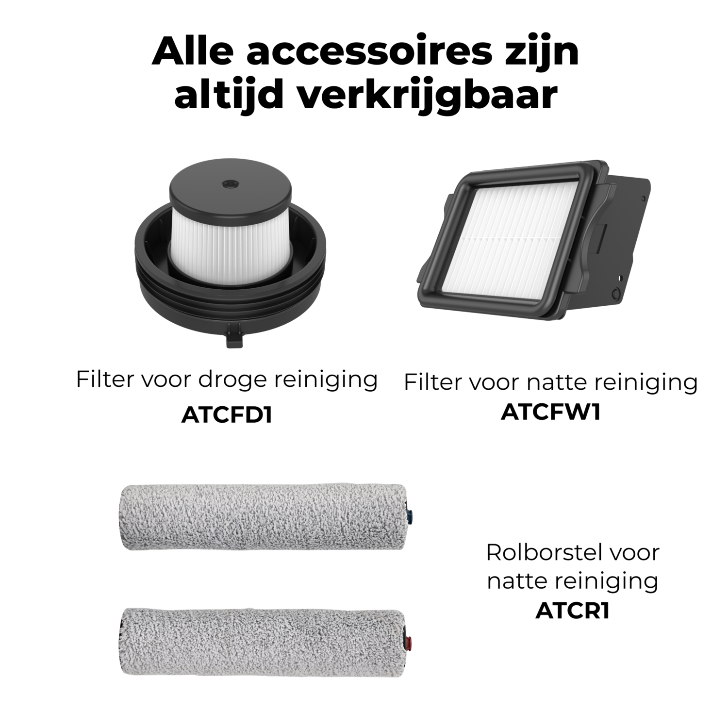 Image of four cleaning accessories: two filters and two gray roller brushes, with Dutch text above them.
