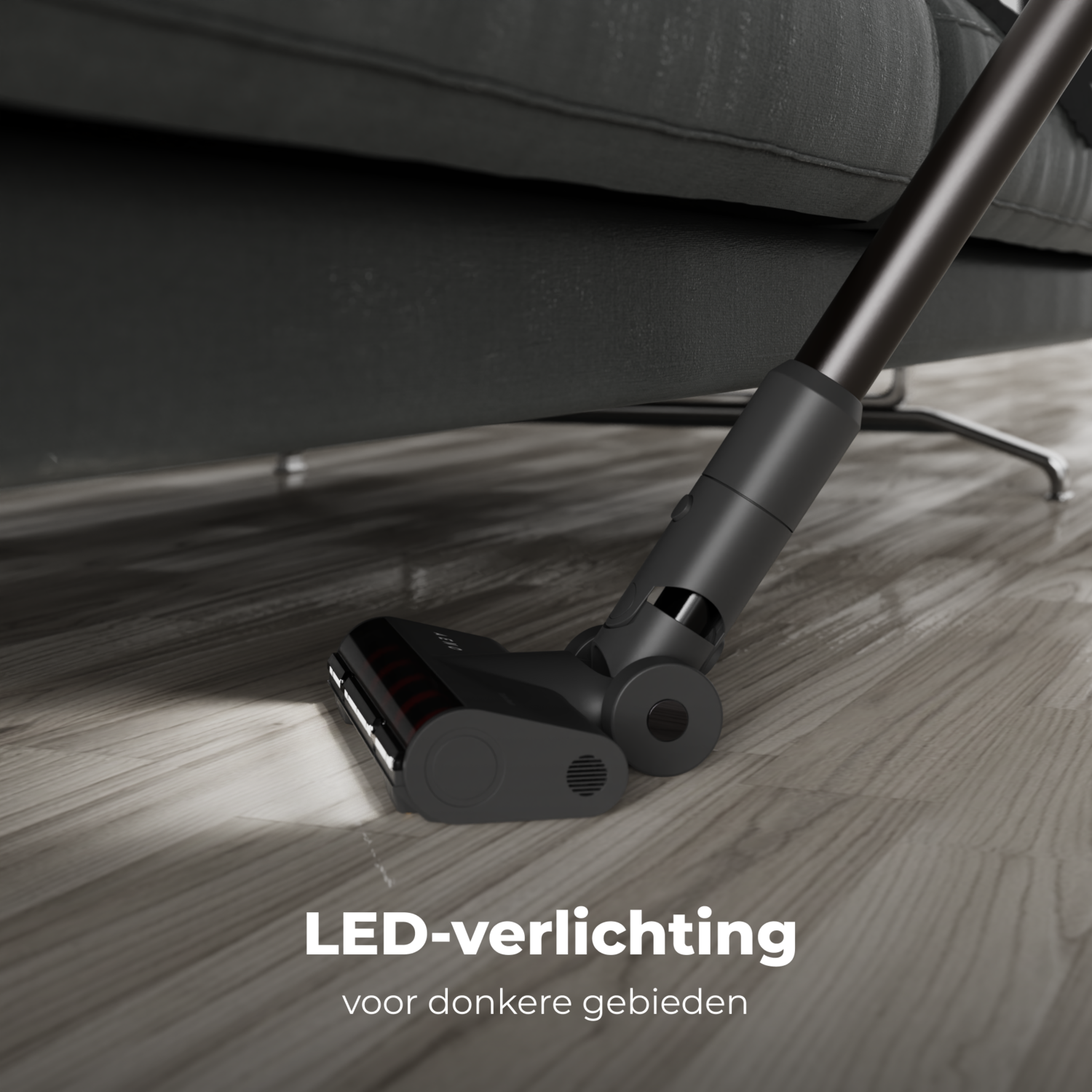 A vacuum cleaner head on a wooden floor, with text, LED lighting for dark areas.